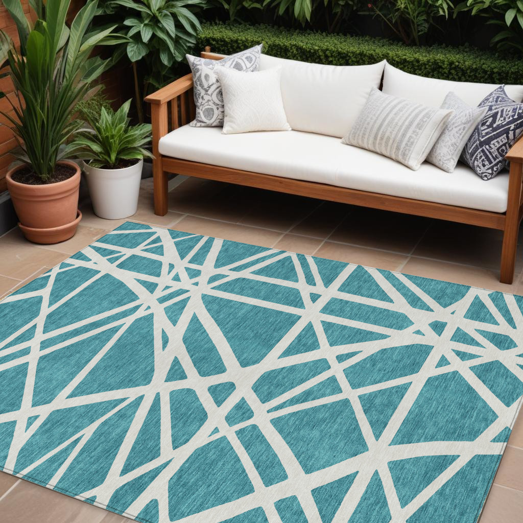 10' X 14' Teal Blue And Ivory Geometric Washable Indoor Outdoor Area Rug-600497-1