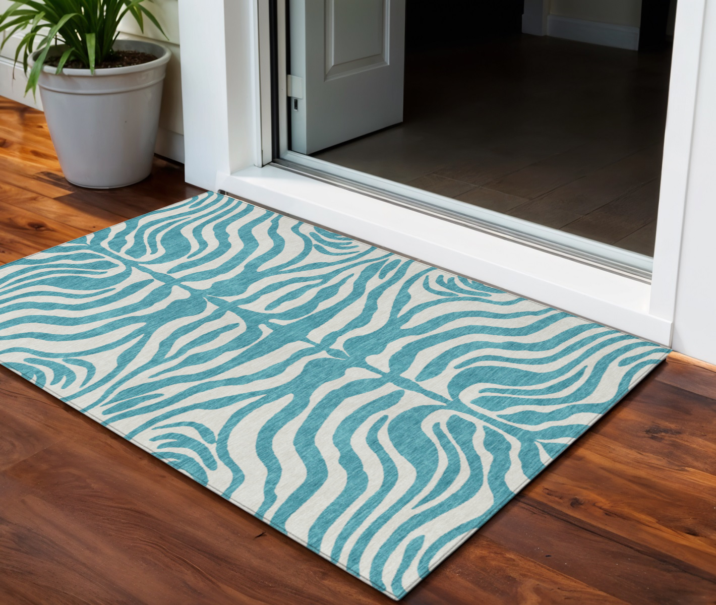 3' X 5' Teal Blue And Ivory Animal Print Washable Indoor Outdoor Area Rug-600660-1