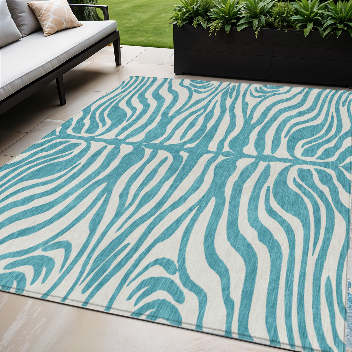 5' X 8' Teal Blue And Ivory Animal Print Washable Indoor Outdoor Area Rug-600661-1