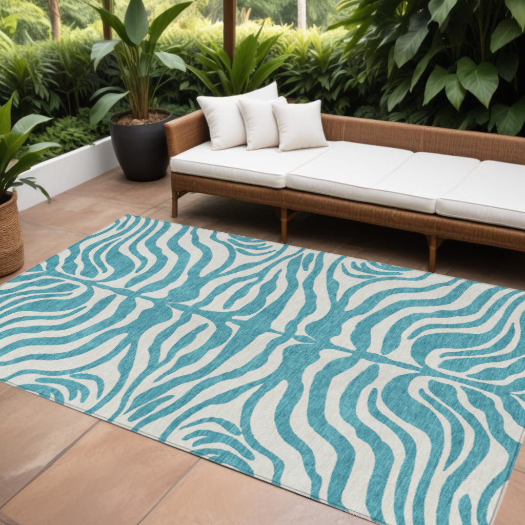 8' X 10' Teal Blue And Ivory Animal Print Washable Indoor Outdoor Area Rug-600663-1