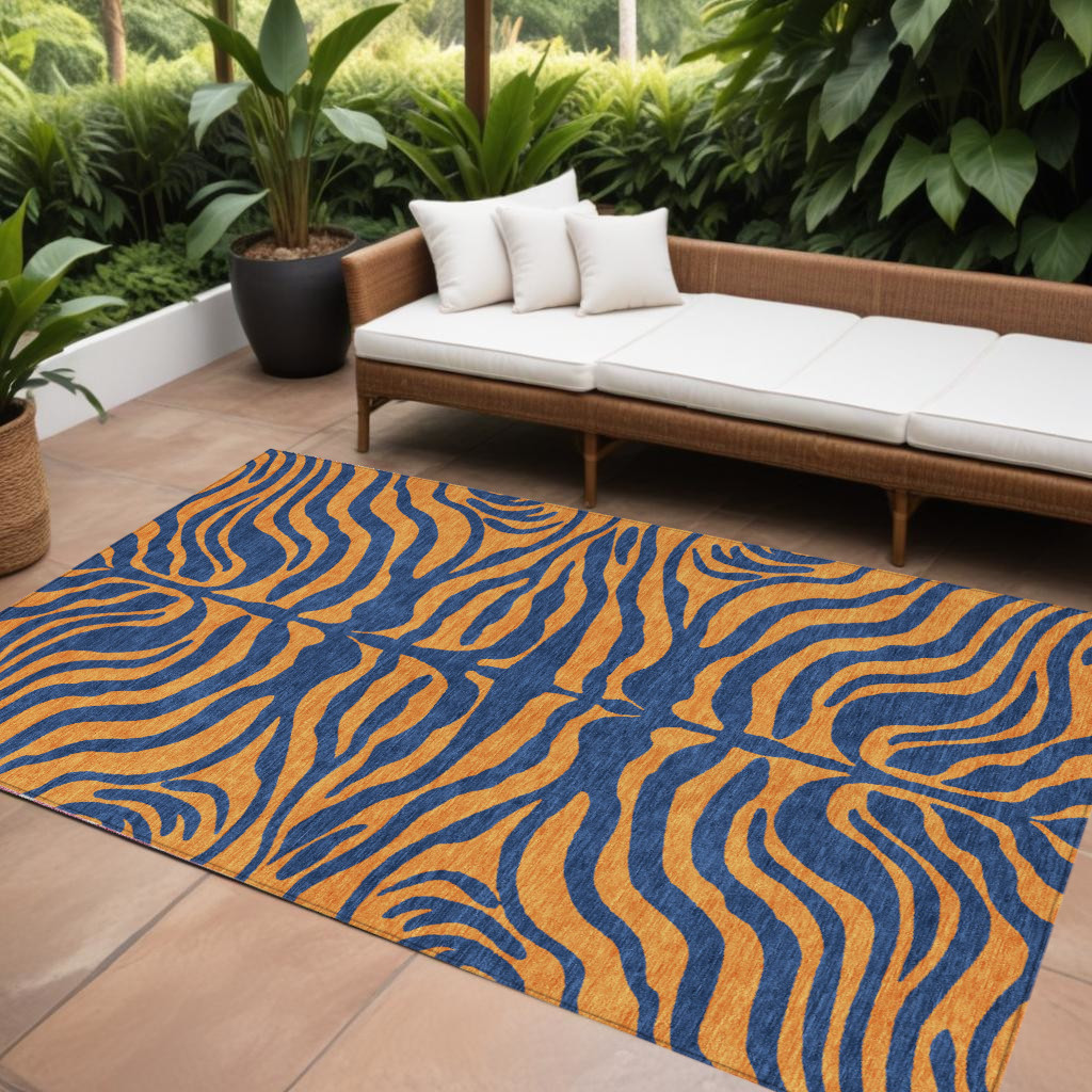 10' X 14' Navy Blue And Pink Animal Print Washable Indoor Outdoor Area Rug-600683-1