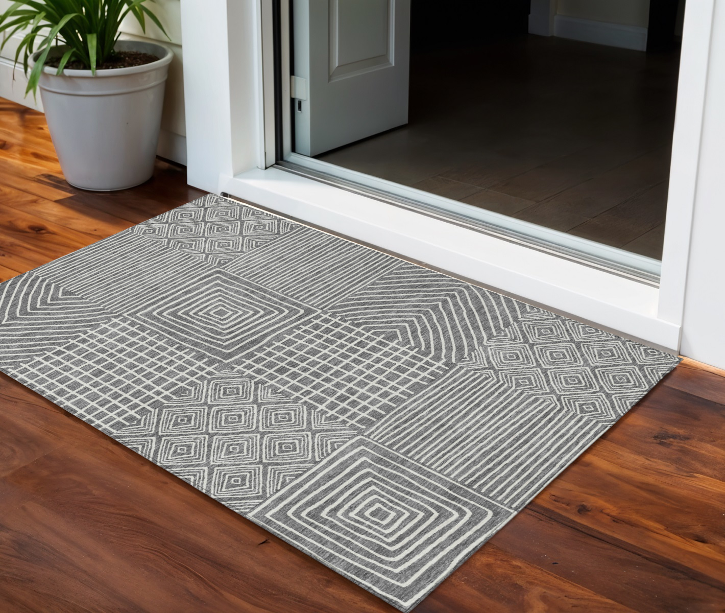 3' X 5' Charcoal And Ivory Geometric Washable Indoor Outdoor Area Rug-600732-1