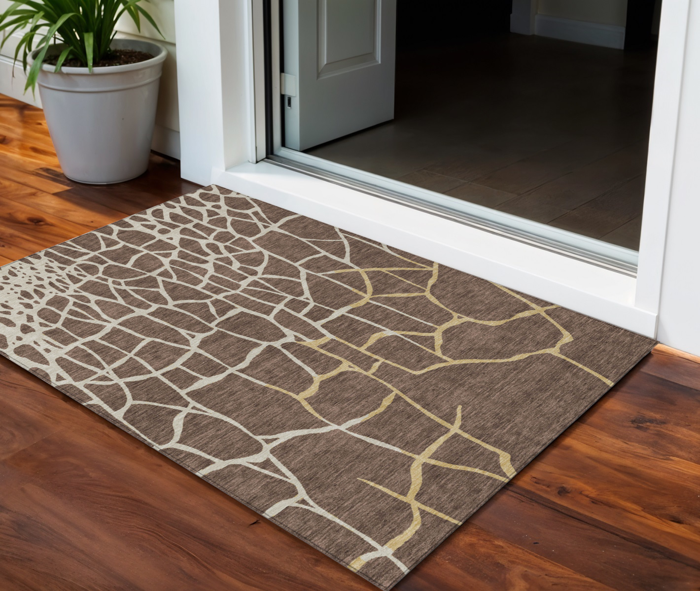 3' X 5' Brown And Tan Abstract Washable Indoor Outdoor Area Rug-601110-1