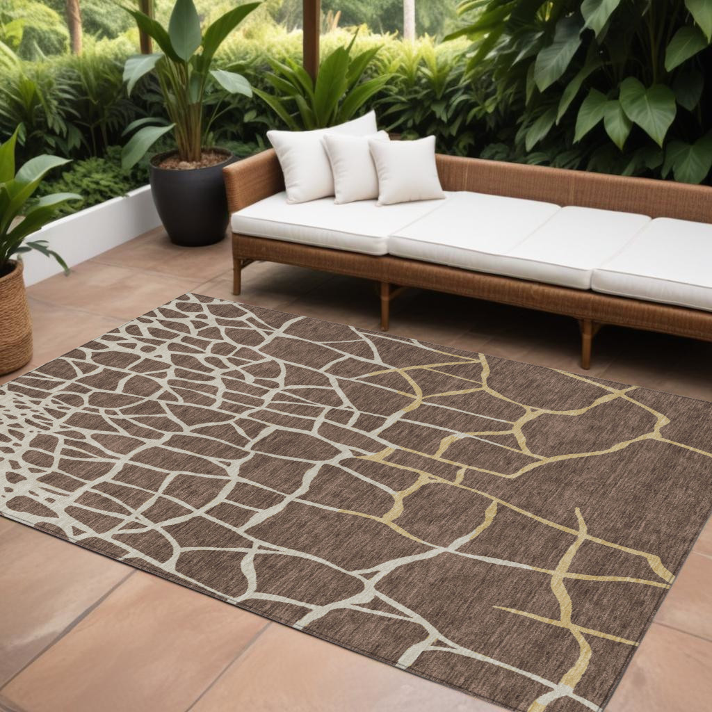 9' X 12' Brown And Tan Abstract Washable Indoor Outdoor Area Rug-601114-1