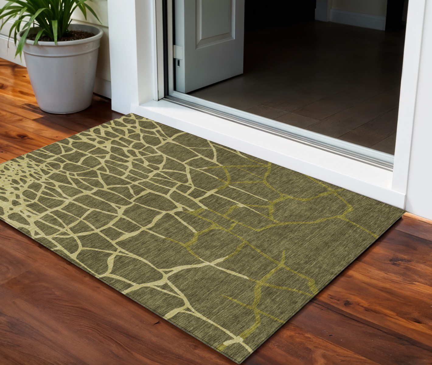 3' X 5' Olive Green And Dark Green Abstract Washable Indoor Outdoor Area Rug-601152-1