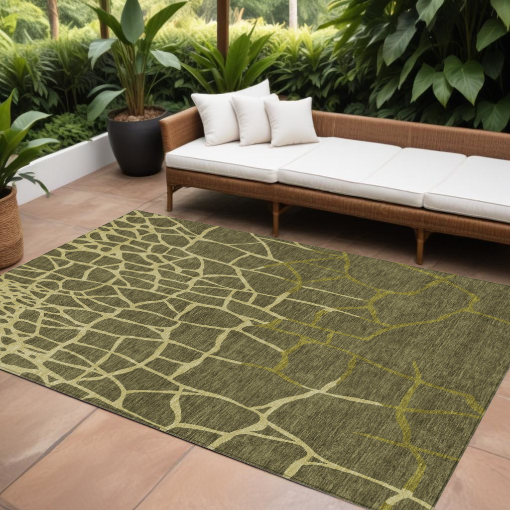10' X 14' Olive Green And Dark Green Abstract Washable Indoor Outdoor Area Rug-601157-1