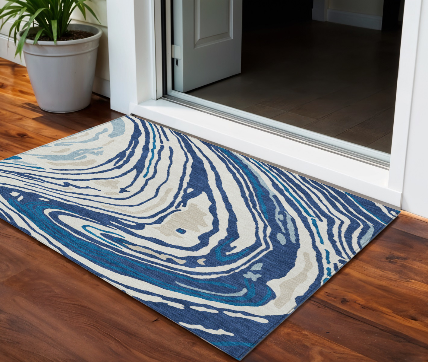 3' X 5' Navy Blue Teal Blue And Ivory Abstract Washable Indoor Outdoor Area Rug-601284-1