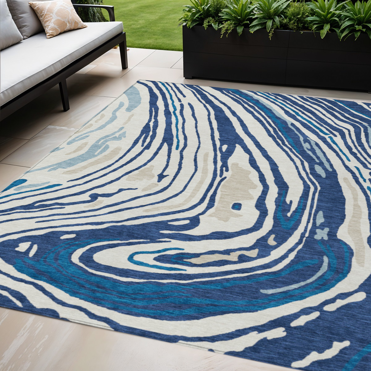 5' X 8' Navy Blue Teal Blue And Ivory Abstract Washable Indoor Outdoor Area Rug-601285-1
