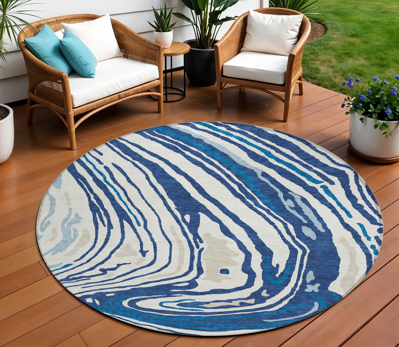 8' Navy Blue Teal Blue And Ivory Round Abstract Washable Indoor Outdoor Area Rug-601286-1