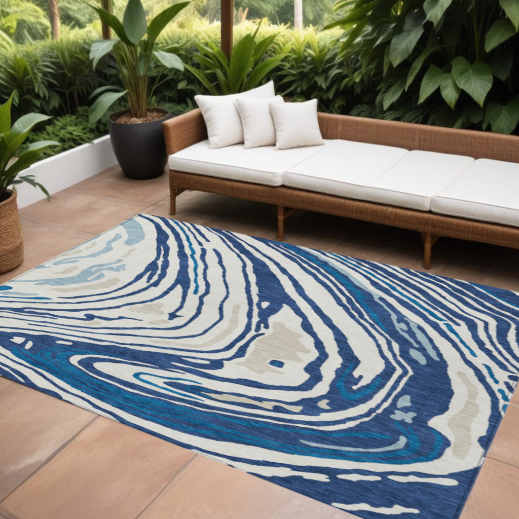 9' X 12' Navy Blue Teal Blue And Ivory Abstract Washable Indoor Outdoor Area Rug-601288-1