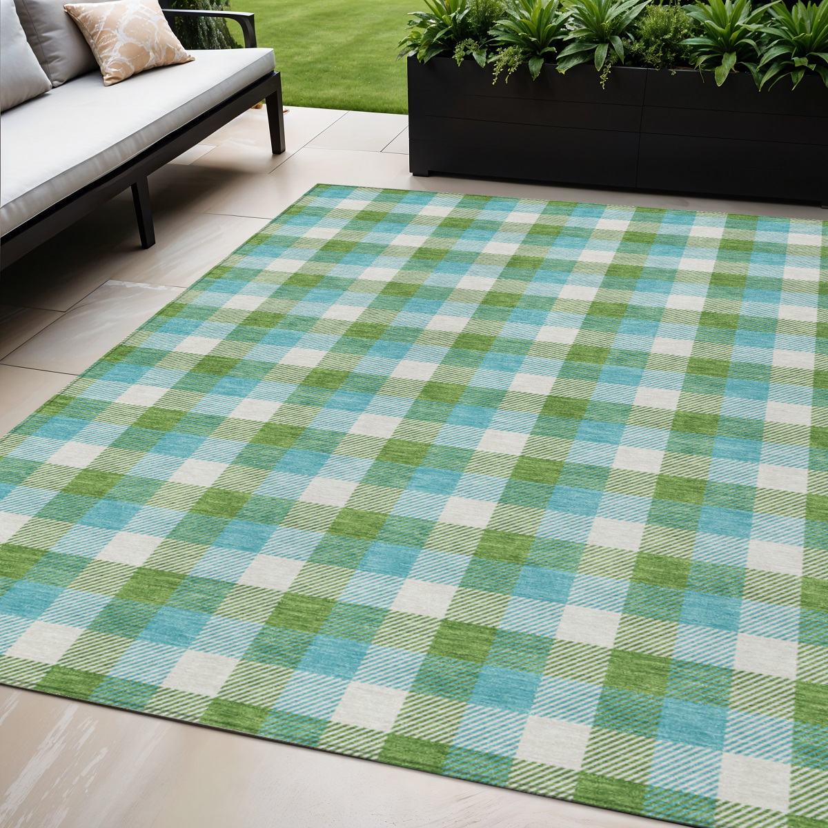 5' X 8' Lime Green Aqua And Beige Plaid Washable Indoor Outdoor Area Rug-601405-1