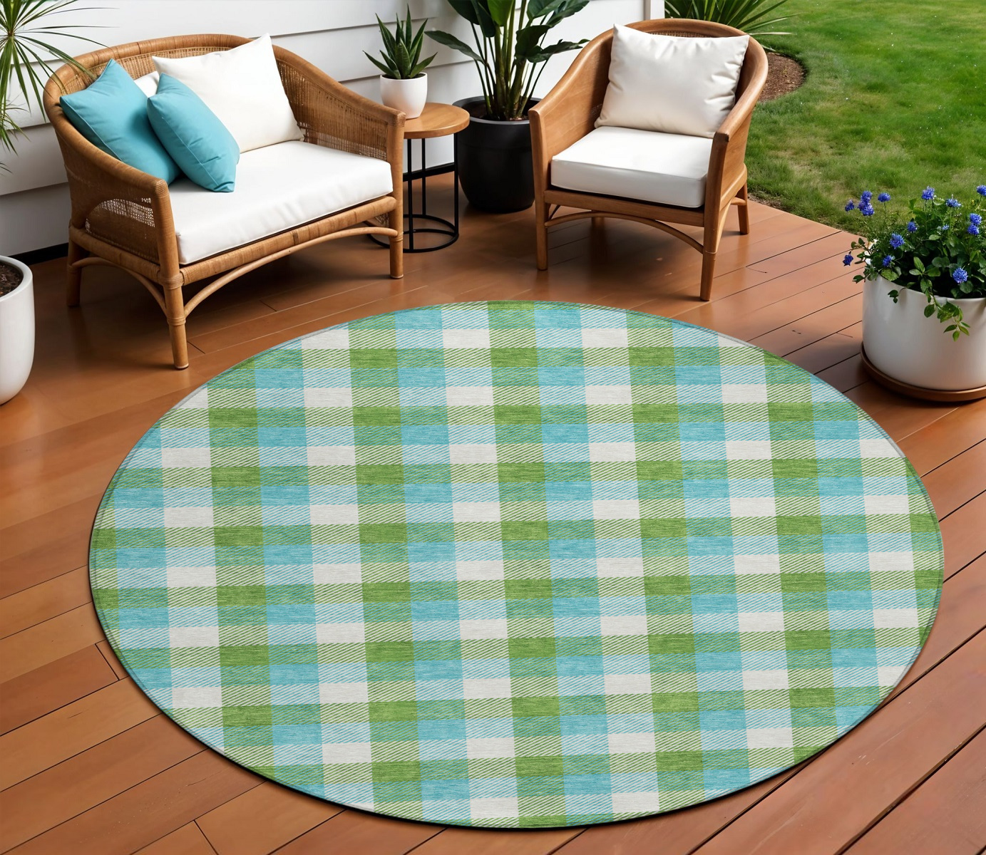 8' Lime Green Aqua And Beige Round Plaid Washable Indoor Outdoor Area Rug-601406-1