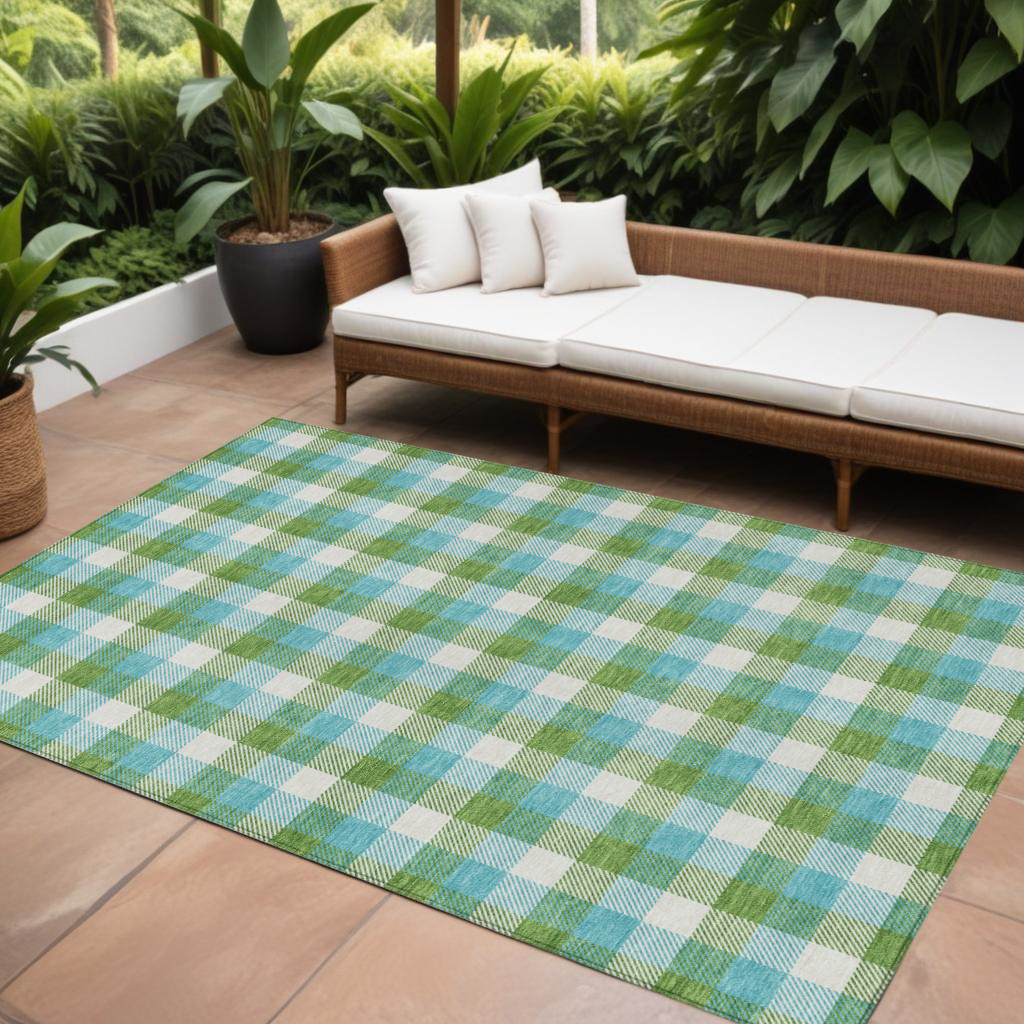 8' X 10' Lime Green Aqua And Beige Plaid Washable Indoor Outdoor Area Rug-601407-1