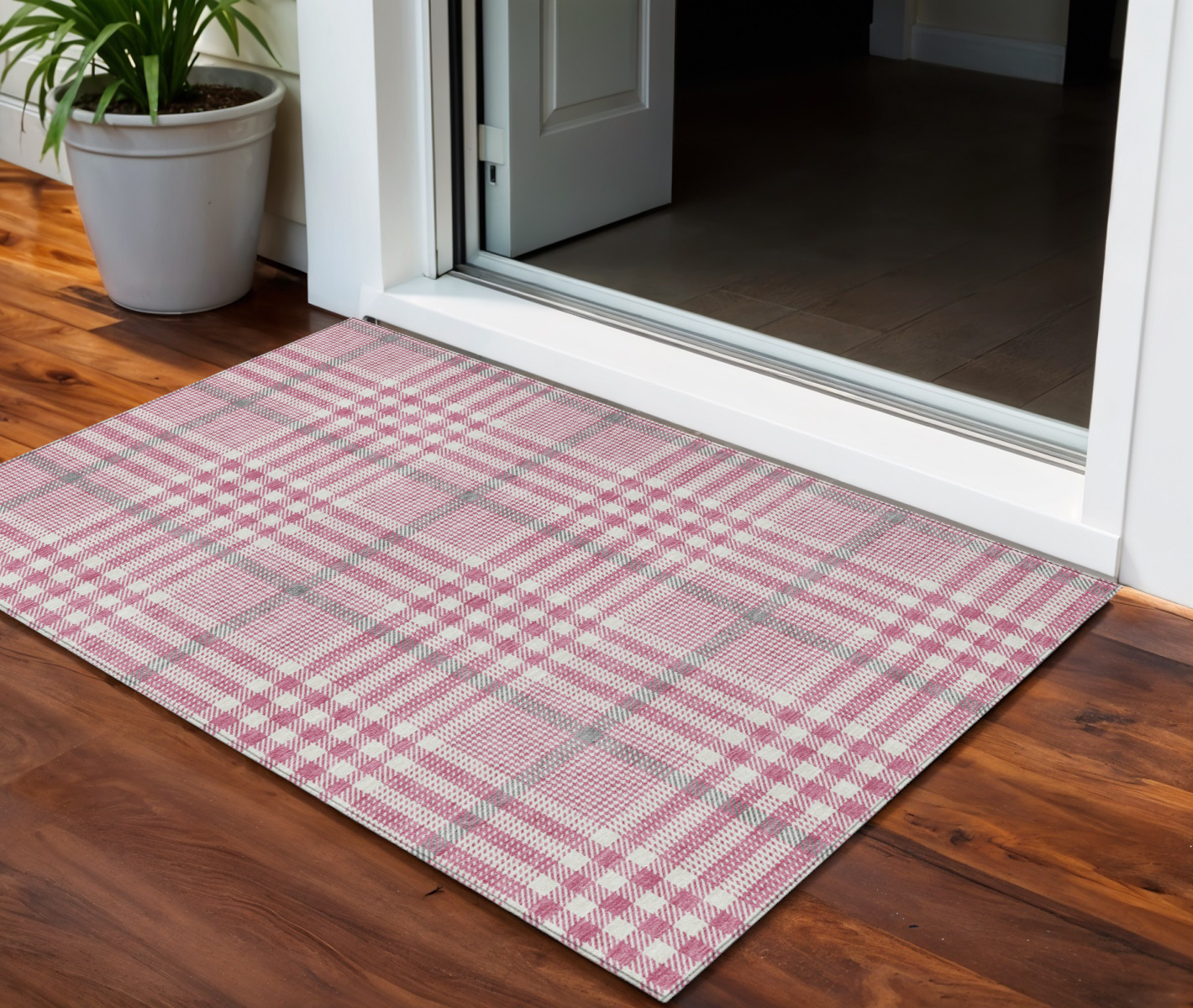 3' X 5' Blush Gray And Ivory Plaid Washable Indoor Outdoor Area Rug-601458-1