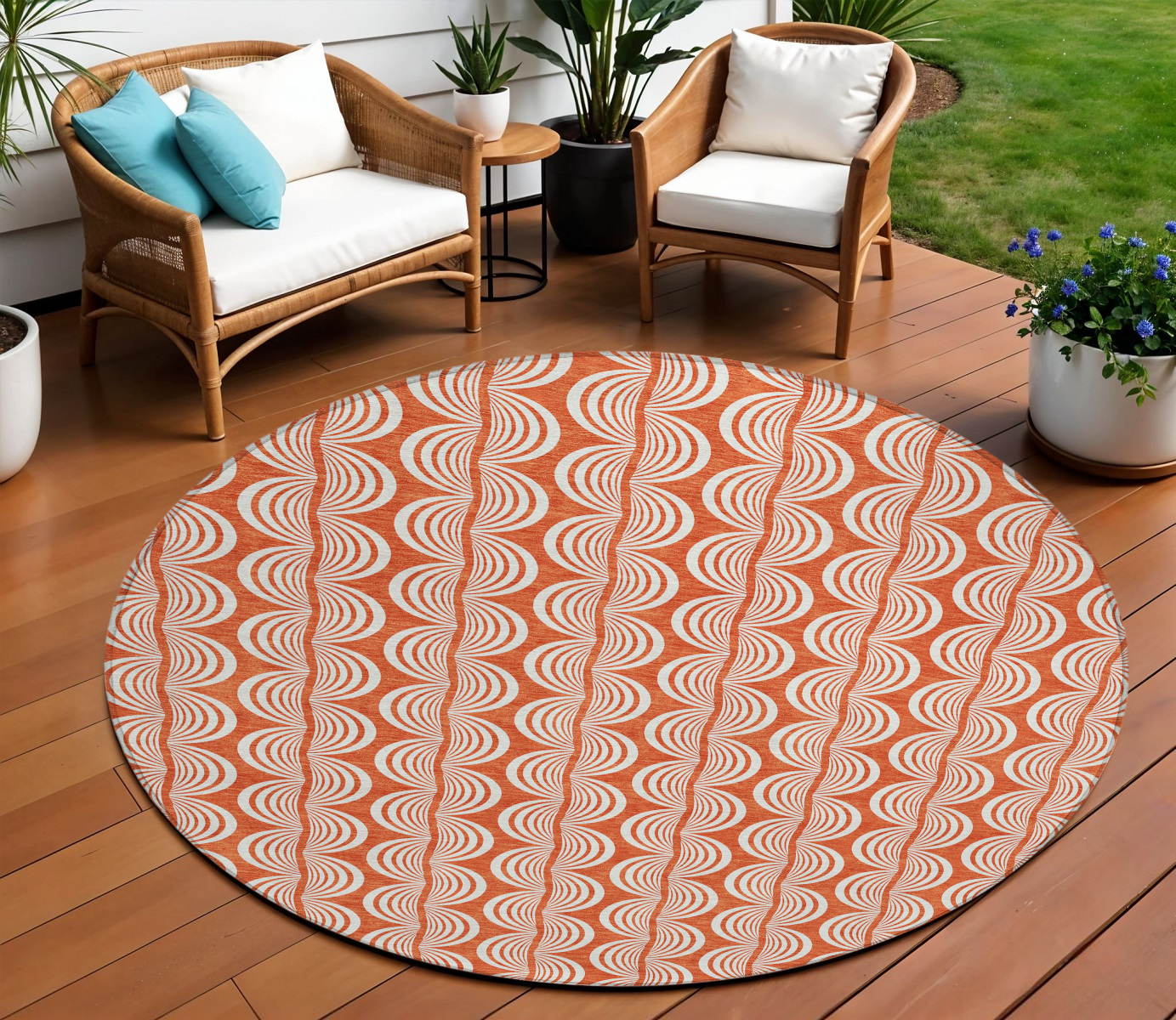 8' Coral And Beige Round Ogee Washable Indoor Outdoor Area Rug-601544-1