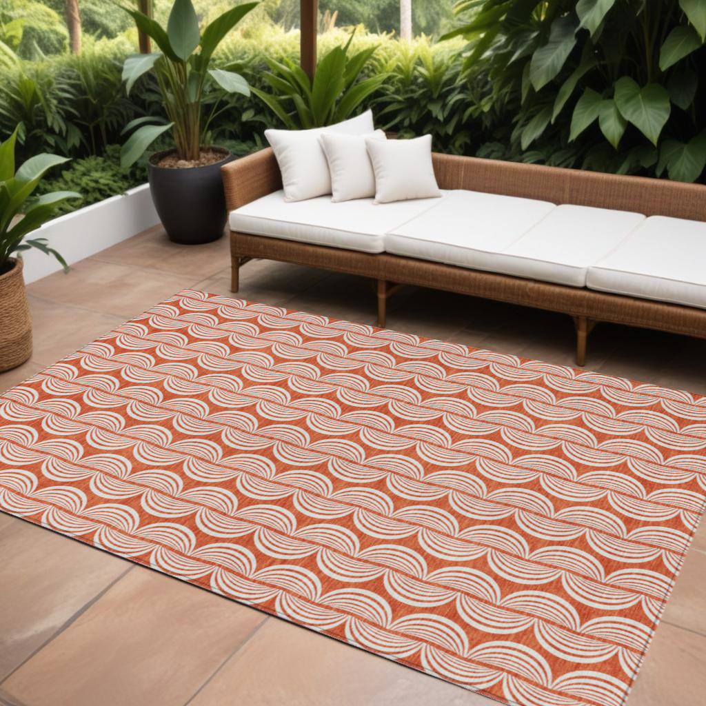 8' X 10' Coral And Beige Ogee Washable Indoor Outdoor Area Rug-601545-1