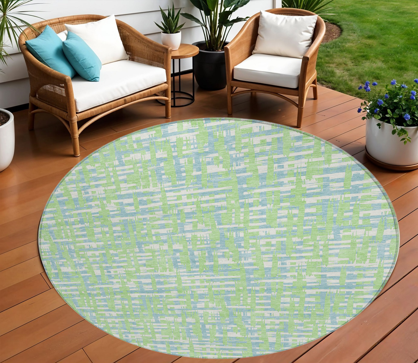 8' Mint Green Blue And Beige Round Abstract Washable Indoor Outdoor Area Rug-602571-1