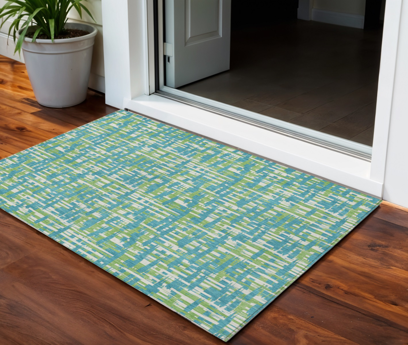 3' X 5' Turquoise Green And Ivory Abstract Washable Indoor Outdoor Area Rug-602599-1