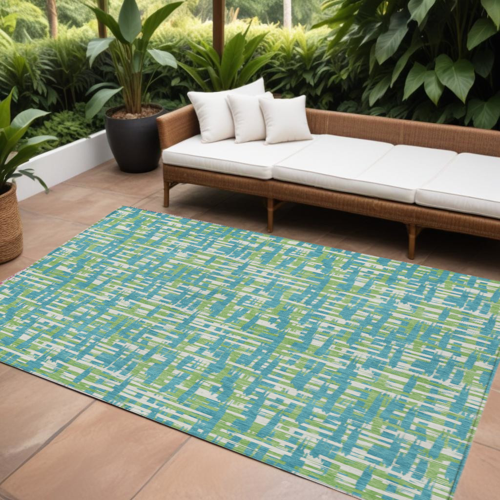 9' X 12' Turquoise Green And Ivory Abstract Washable Indoor Outdoor Area Rug-602603-1