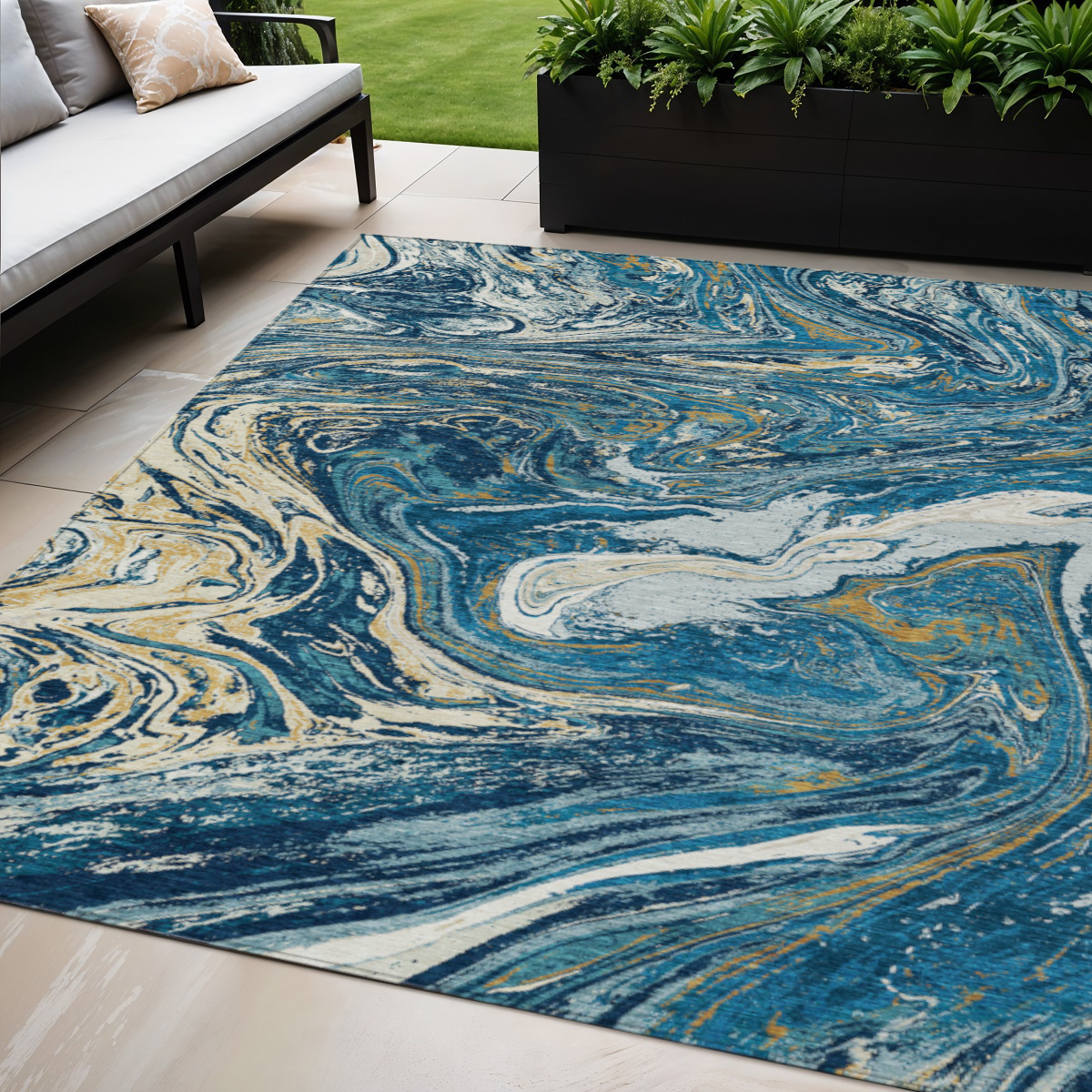 5' X 8' Navy Blue Gold And Ivory Abstract Washable Indoor Outdoor Area Rug-602642-1