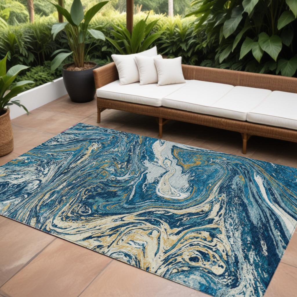 9' X 12' Navy Blue Gold And Ivory Abstract Washable Indoor Outdoor Area Rug-602645-1