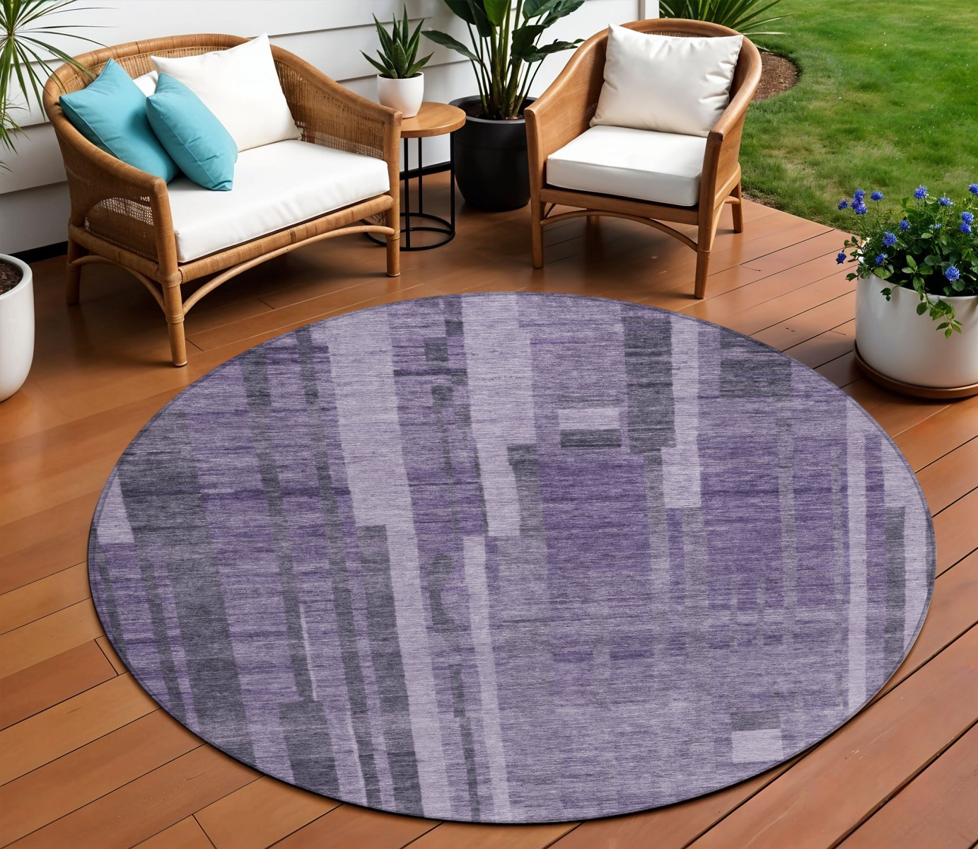 8' Purple And Black Round Striped Washable Indoor Outdoor Area Rug-602805-1