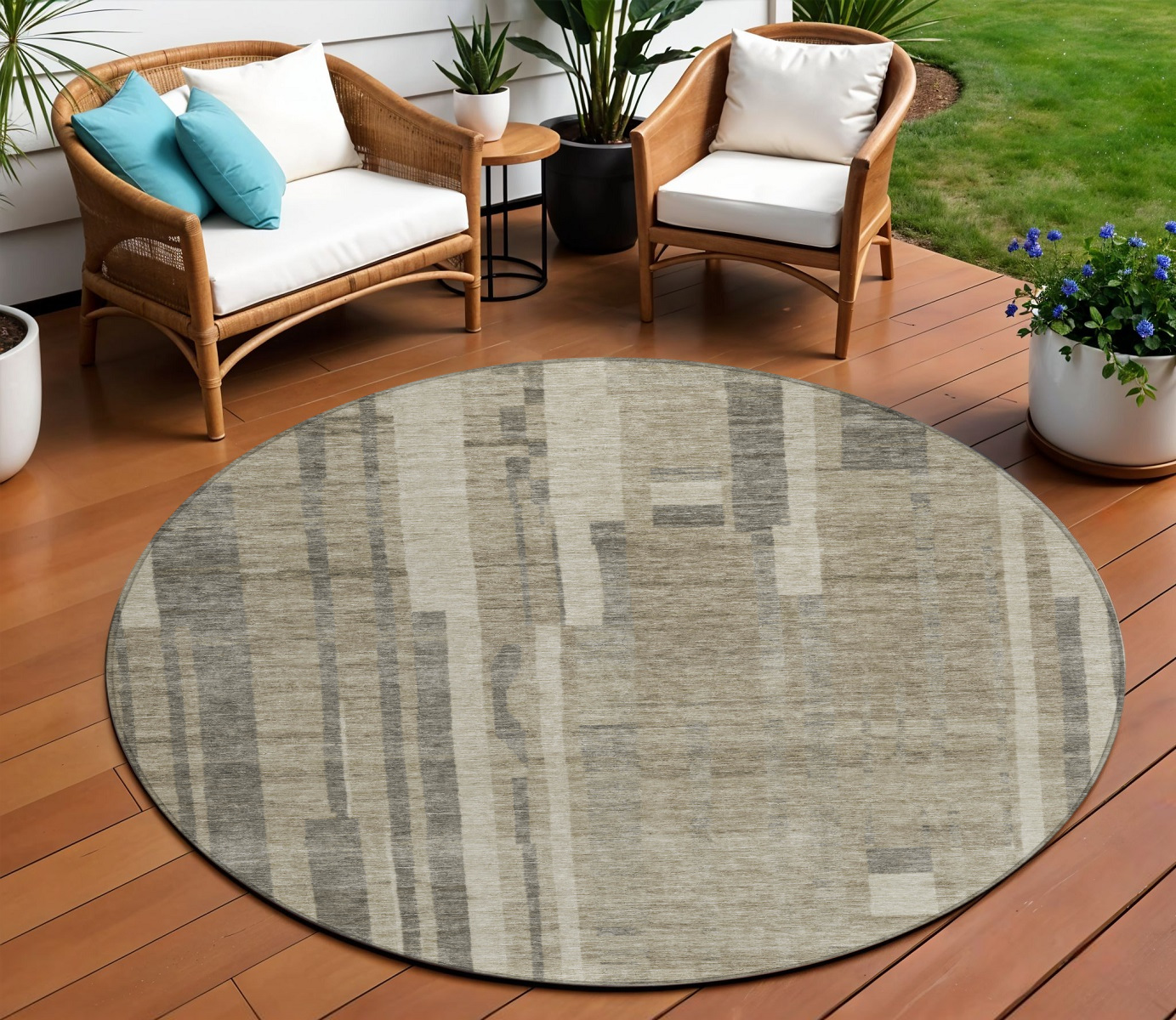 8' Taupe And Dark Gray Round Striped Washable Indoor Outdoor Area Rug-602817-1