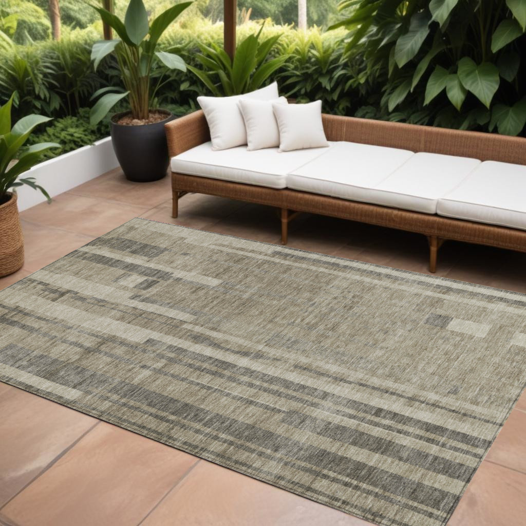 8' X 10' Taupe And Dark Gray Striped Washable Indoor Outdoor Area Rug-602818-1
