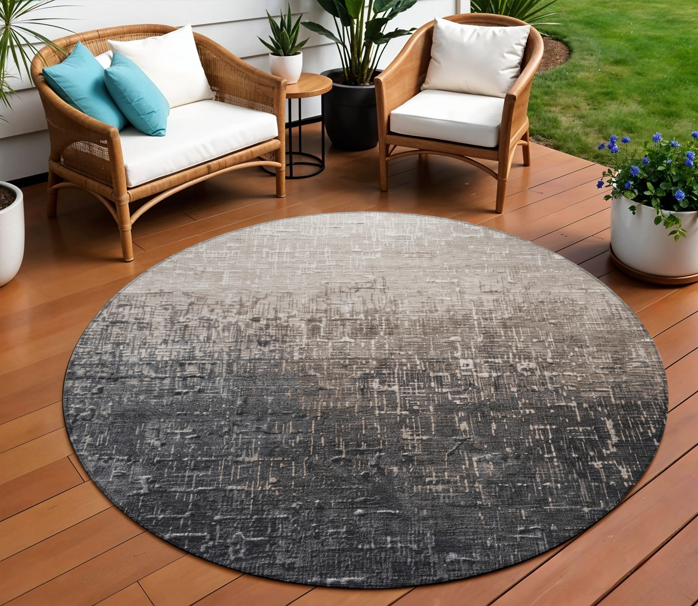 8' Khaki And Dark Gray Round Ombre Washable Indoor Outdoor Area Rug-602877-1