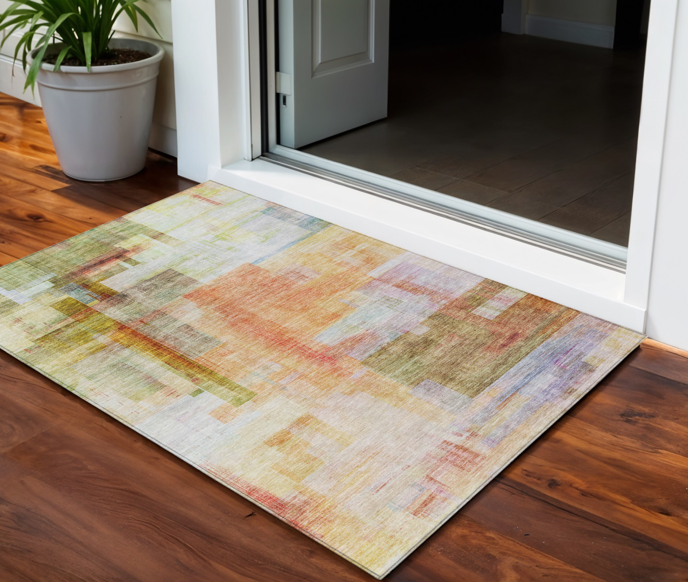 3' X 5' Coral Blue And Green Abstract Washable Indoor Outdoor Area Rug-602920-1