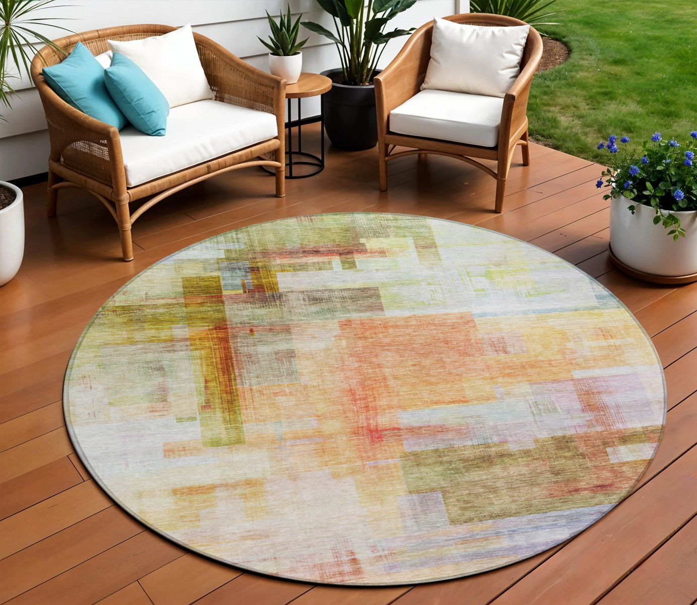 8' Coral Blue And Green Round Abstract Washable Indoor Outdoor Area Rug-602922-1