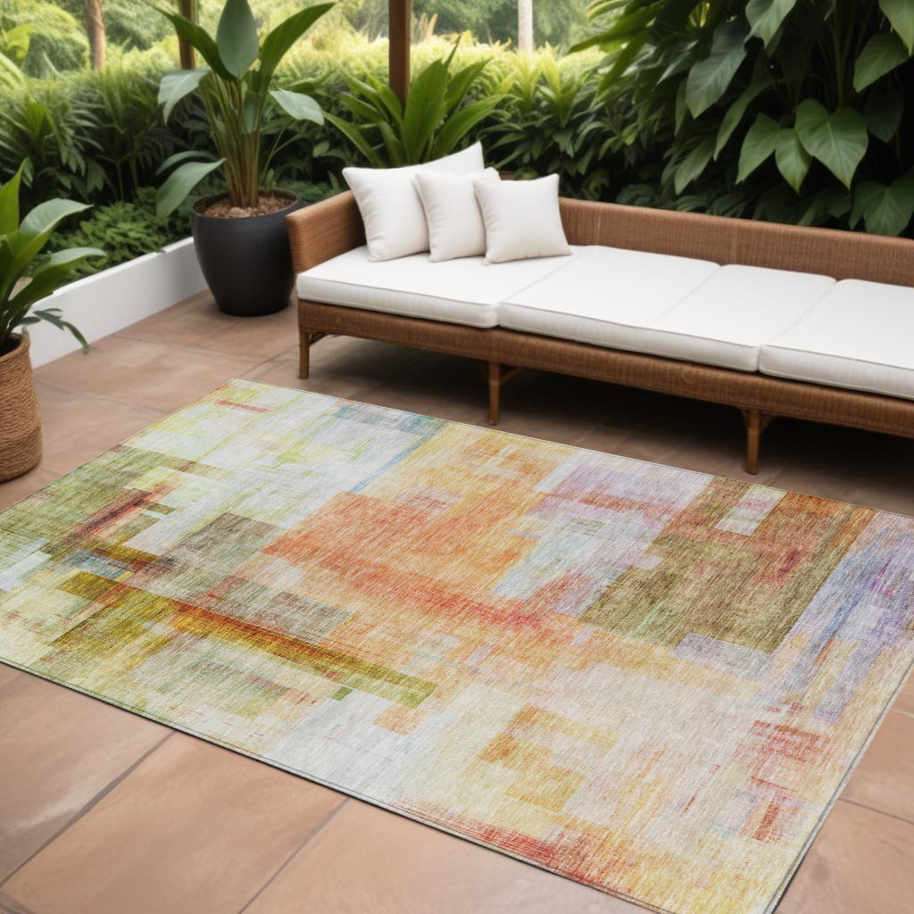 10' X 14' Coral Blue And Green Abstract Washable Indoor Outdoor Area Rug-602925-1