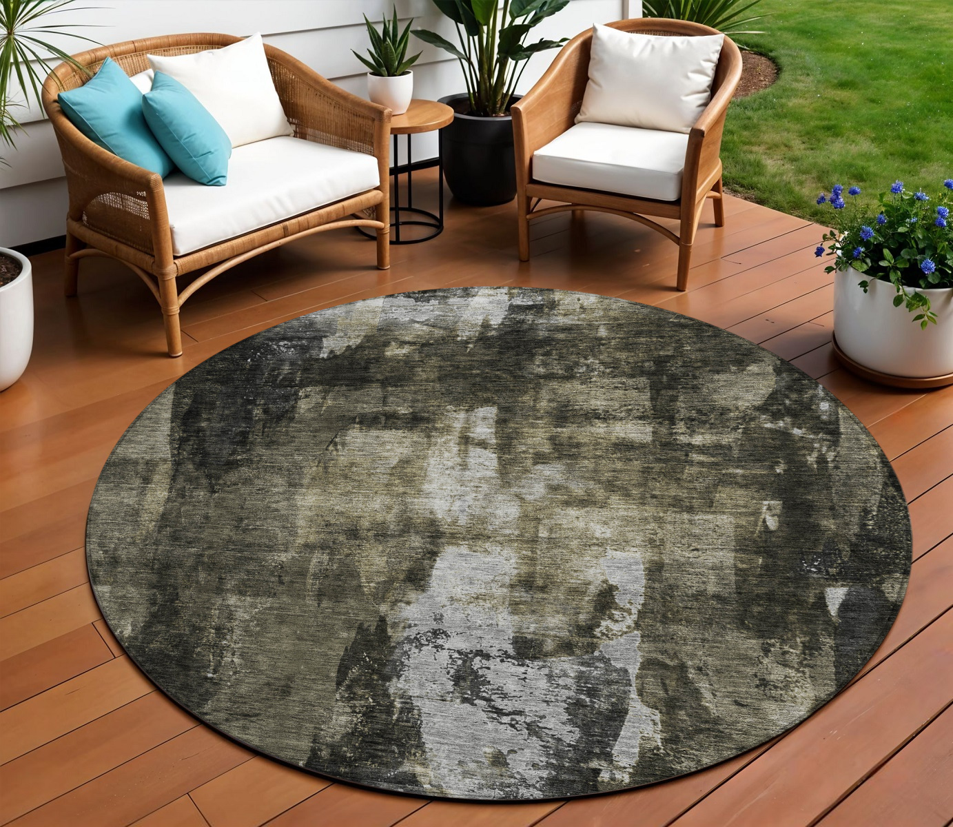 8' Charcoal And Black Round Abstract Washable Indoor Outdoor Area Rug-603163-1
