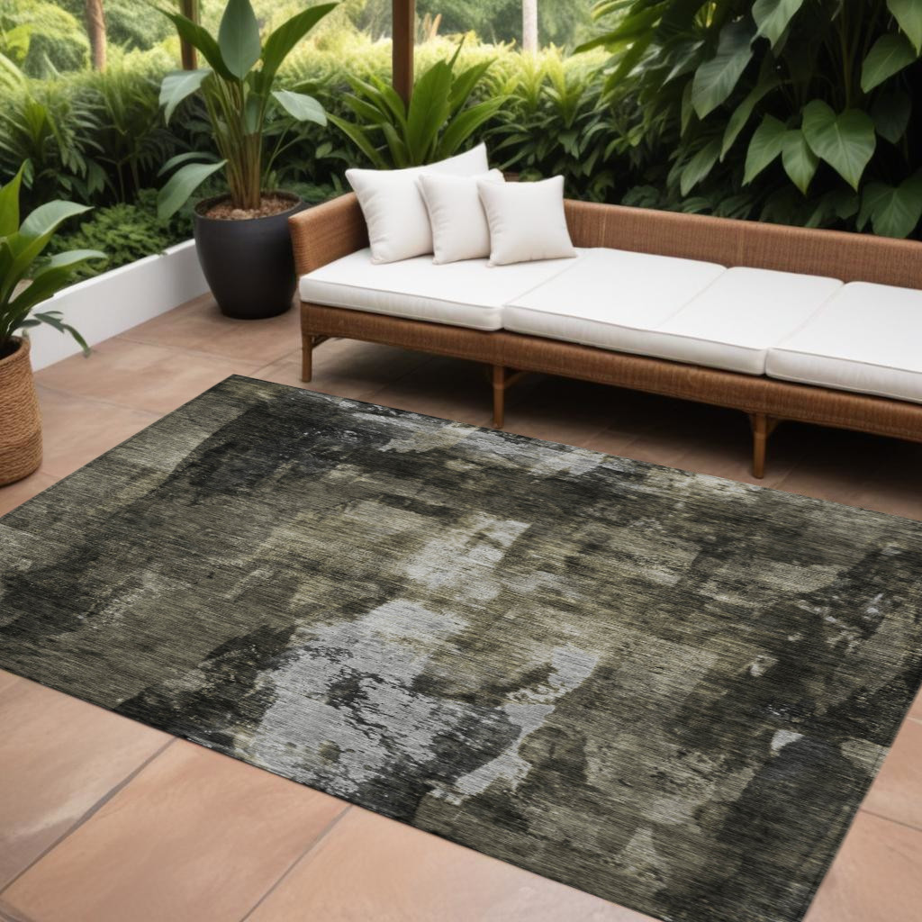 9' X 12' Charcoal And Black Abstract Washable Indoor Outdoor Area Rug-603165-1