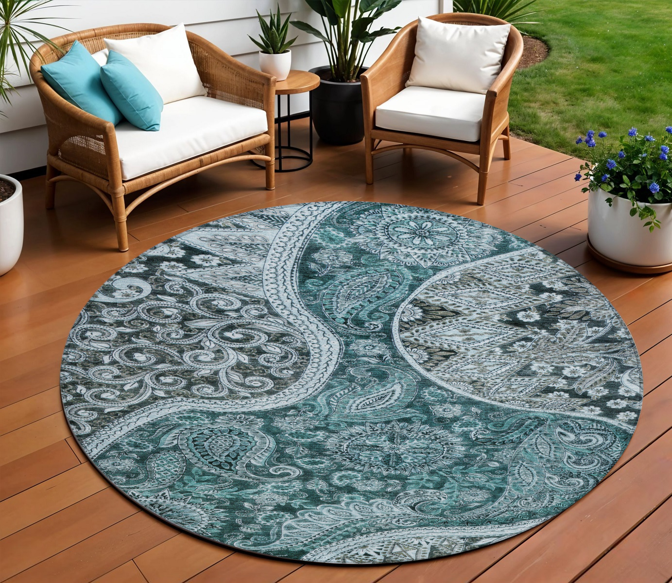 Blue and Green Round Floral Indoor Outdoor Area Rug Blue and Green Round Floral Indoor Outdoor Area Rug