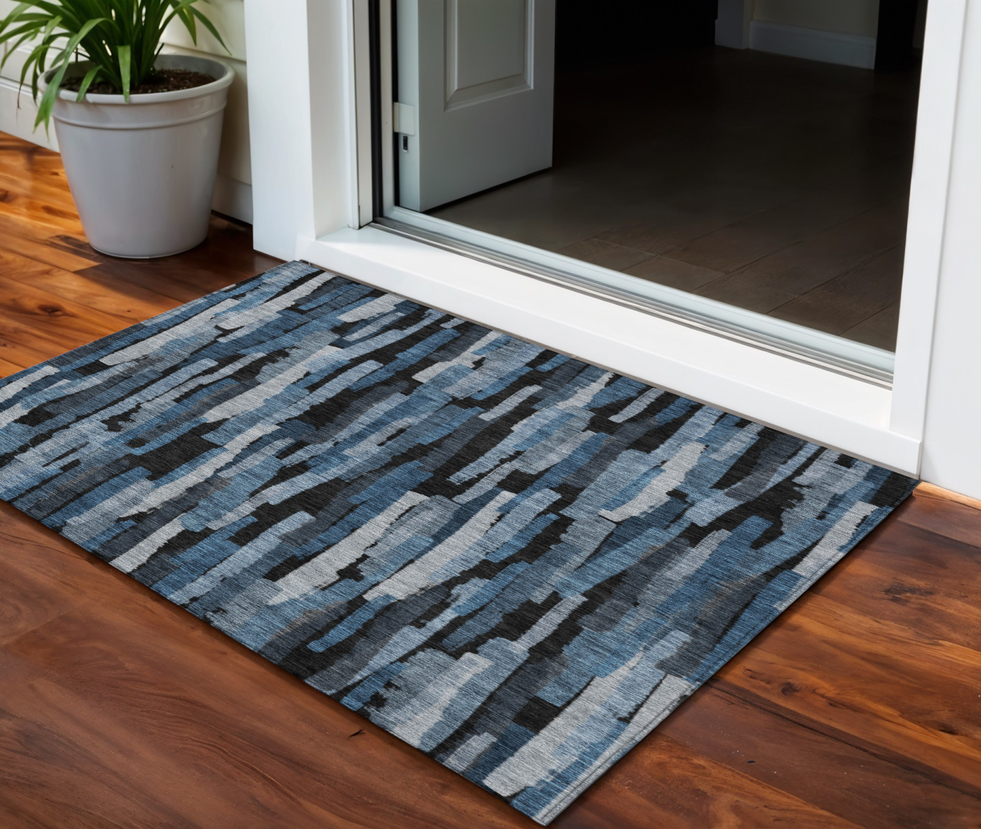 3' X 5' Blue and Gray Striped Indoor Outdoor Area Rug 3' X 5' Blue and Gray Striped Indoor Outdoor Area Rug
