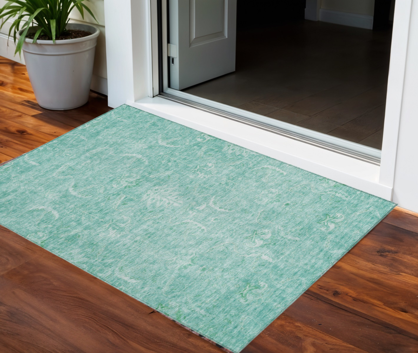 3' X 5' Aqua And Ivory Damask Washable Indoor Outdoor Area Rug-603353-1
