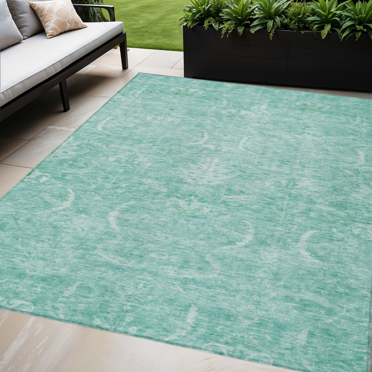 10' X 14' Aqua And Ivory Damask Washable Indoor Outdoor Area Rug-603358-1