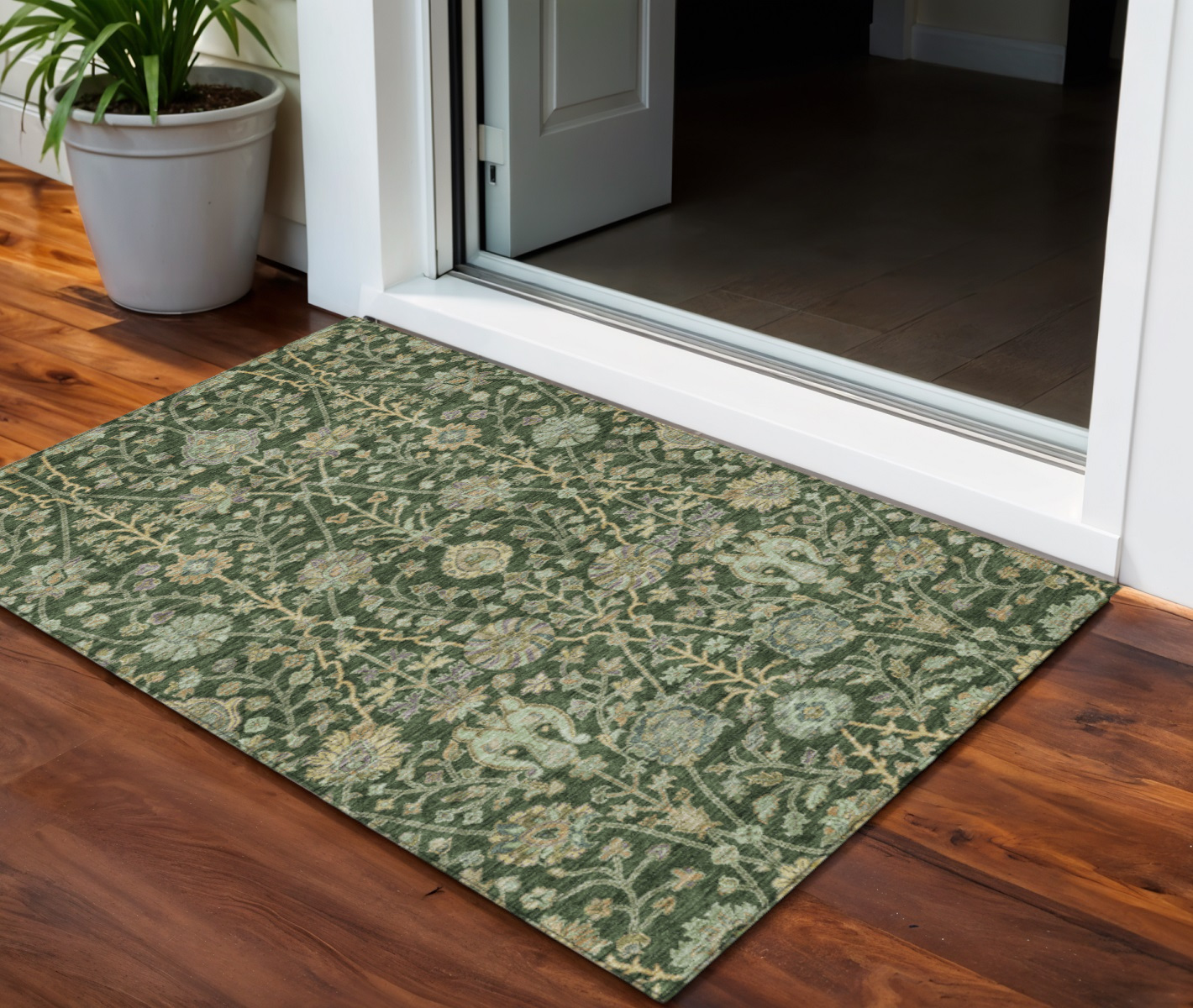 3' X 5' Green Tan And Gray Floral Washable Indoor Outdoor Area Rug-603461-1