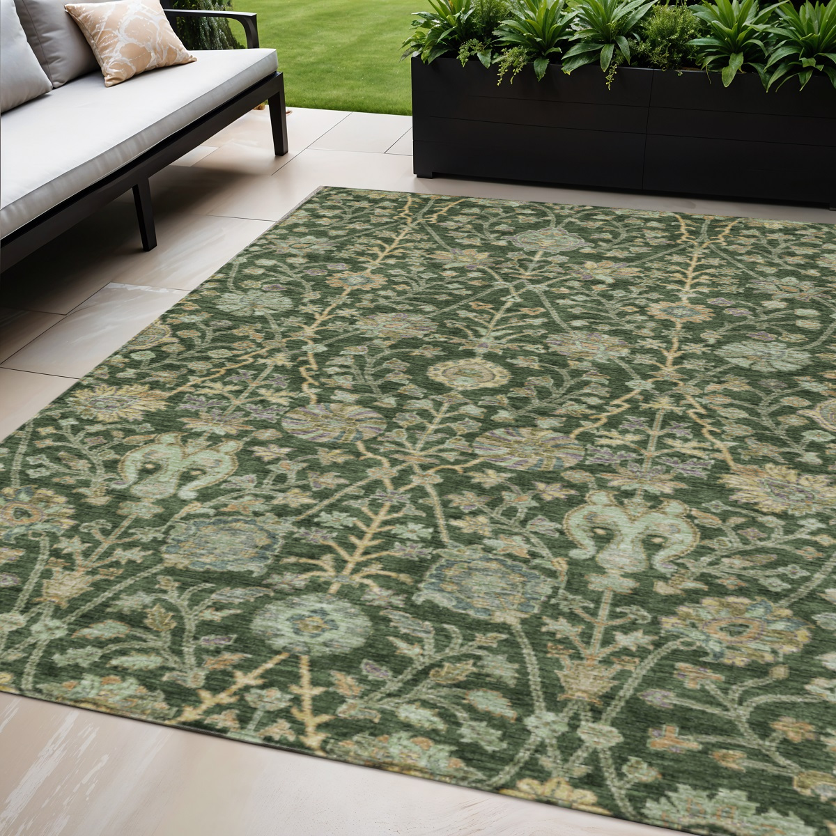 5' X 8' Green Tan And Gray Floral Washable Indoor Outdoor Area Rug-603462-1