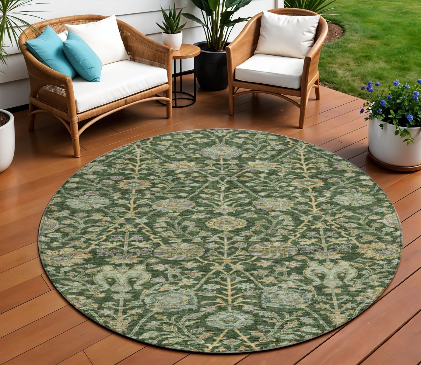 8' Green Tan And Gray Round Floral Washable Indoor Outdoor Area Rug-603463-1