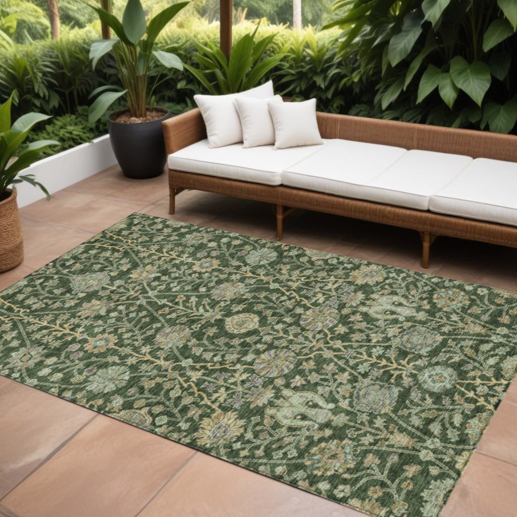 9' X 12' Green Tan And Gray Floral Washable Indoor Outdoor Area Rug-603465-1