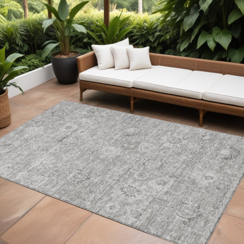 8' X 10' Gray And Silver Damask Washable Indoor Outdoor Area Rug-603506-1