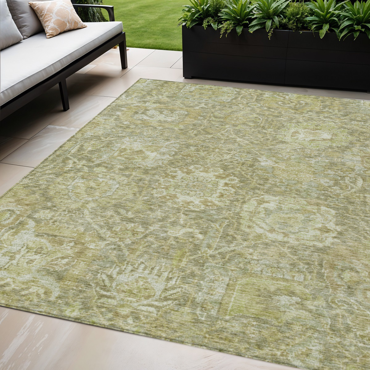 5' X 8' Sage And Green Damask Washable Indoor Outdoor Area Rug-603750-1