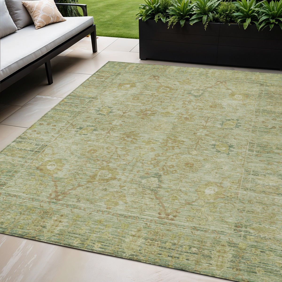 5' X 8' Sage Green And Brown Oriental Washable Indoor Outdoor Area Rug-603882-1