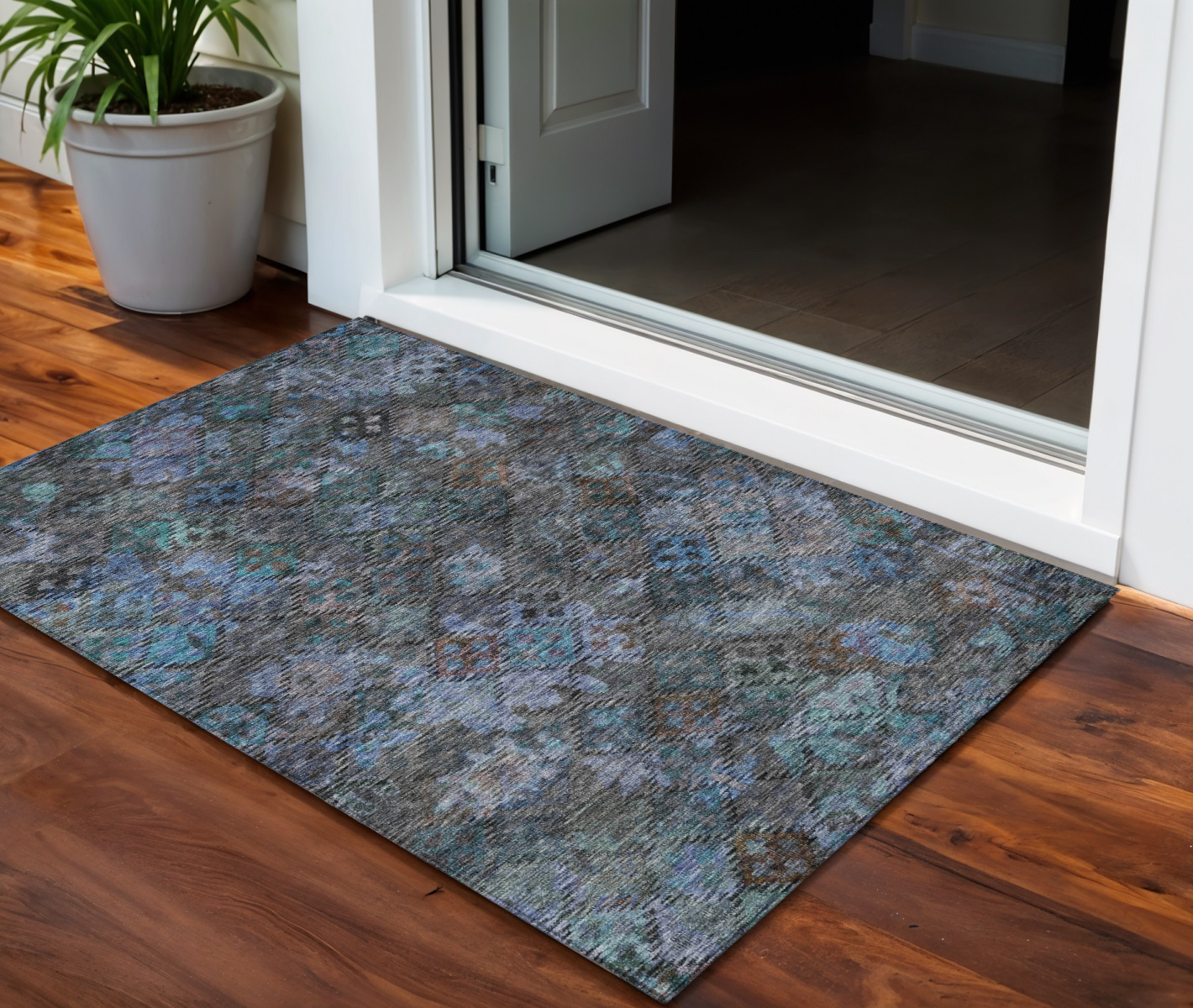 3' X 5' Teal Blue And Charcoal Floral Washable Indoor Outdoor Area Rug-604162-1