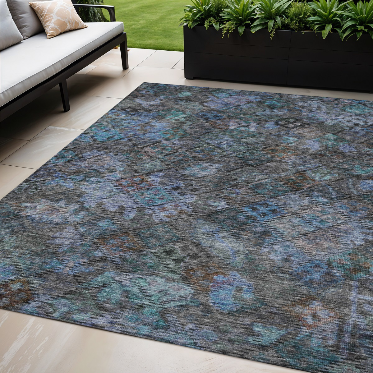 5' X 8' Teal Blue And Charcoal Floral Washable Indoor Outdoor Area Rug-604163-1