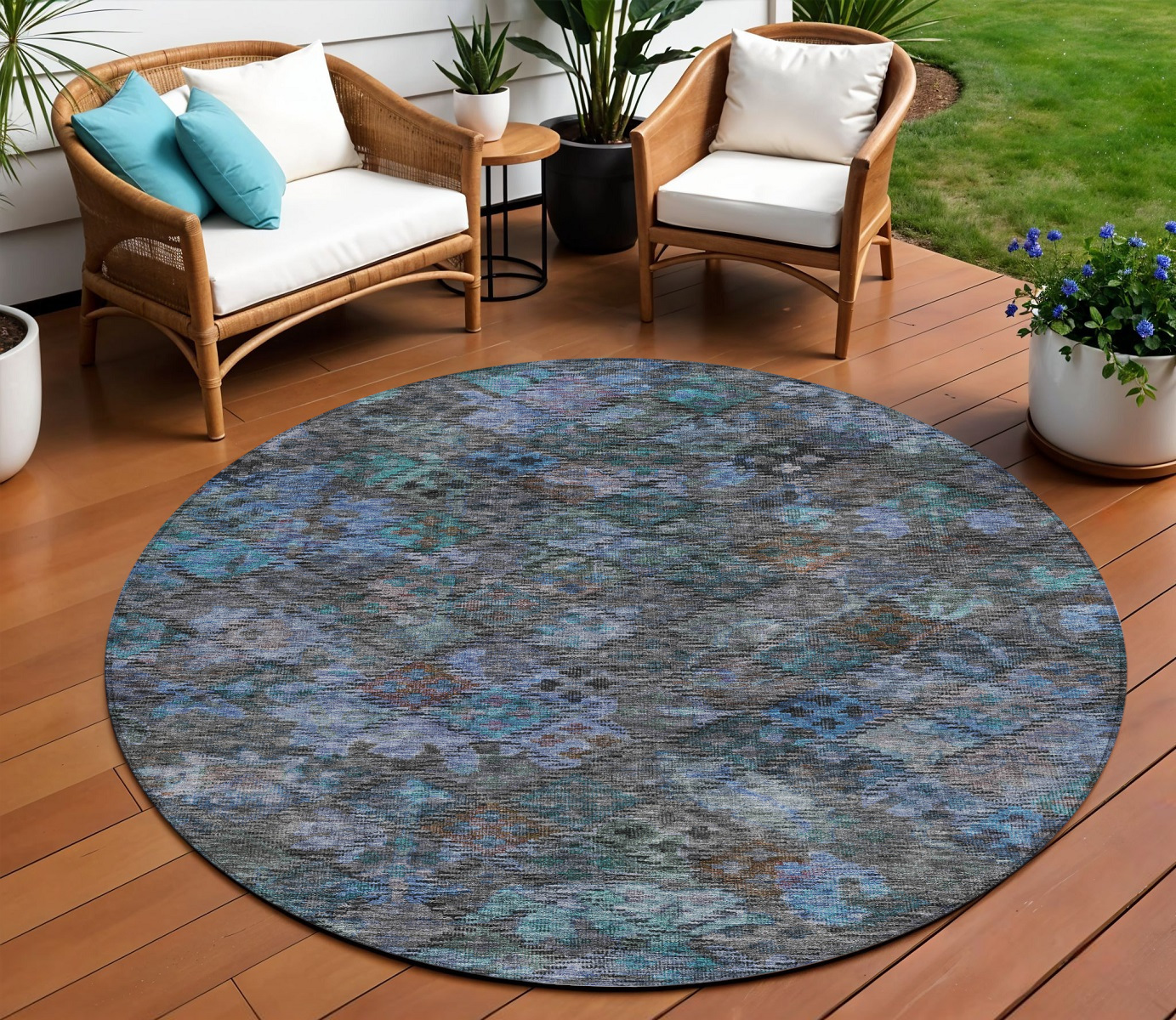8' Teal Blue And Charcoal Round Floral Washable Indoor Outdoor Area Rug-604164-1