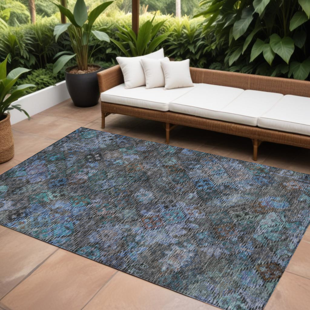 9' X 12' Teal Blue And Charcoal Floral Washable Indoor Outdoor Area Rug-604166-1