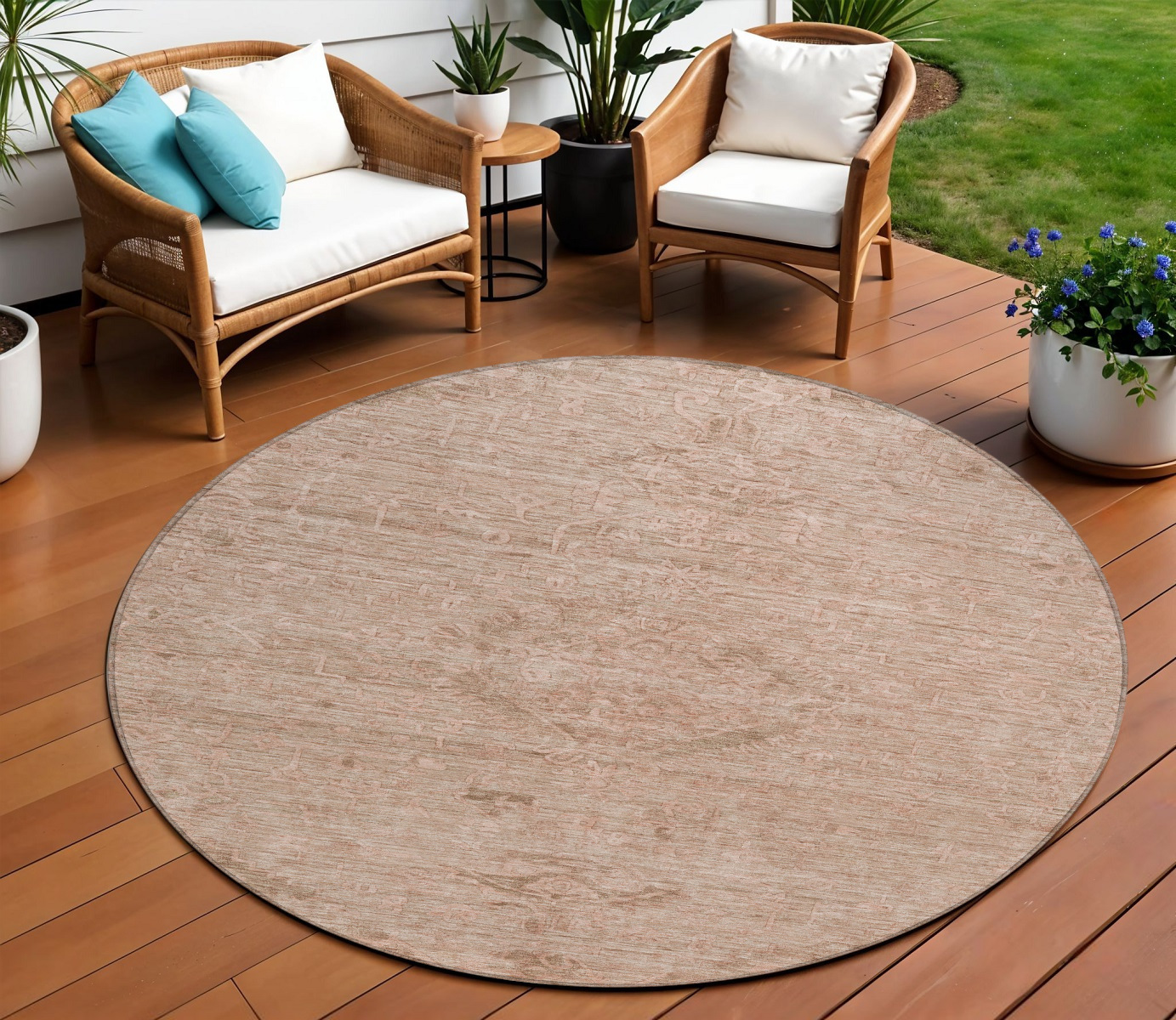 8' Coral And Tan Round Floral Washable Indoor Outdoor Area Rug-604218-1
